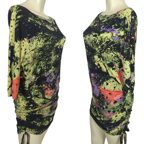 Julian Chang Abstract Art colorful Ruched Drawstring Mini Dress Dolman sleeves M - Picture 2 of 16